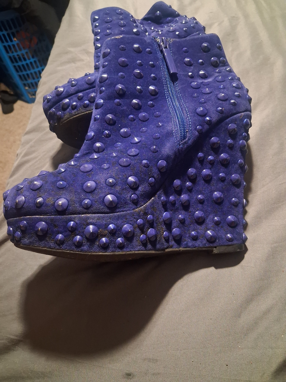 Studded Blue Wedge Ankle Boots - Women